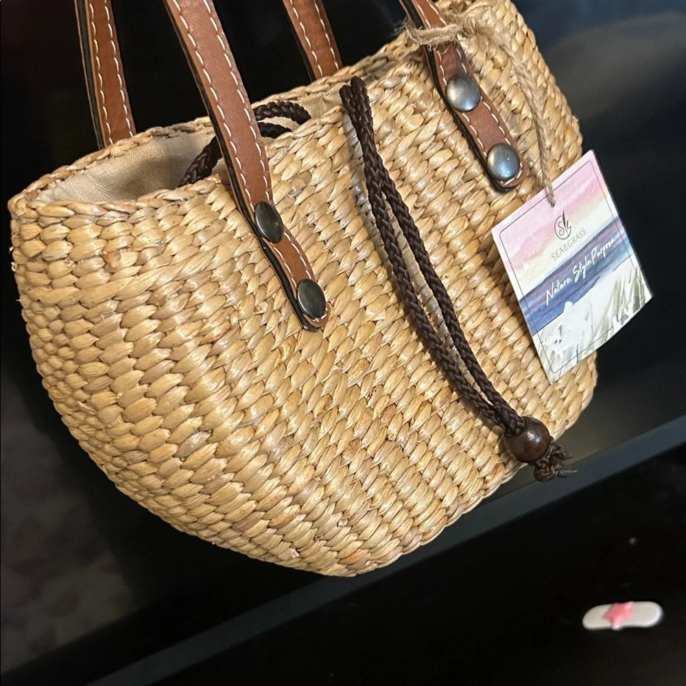 Woven Tote with Brown Leather Handles - Picture 3 of 3